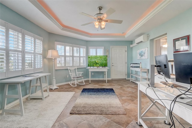 office featuring ceiling fan, a raised ceiling, ornamental molding, and a wall mounted air conditioner