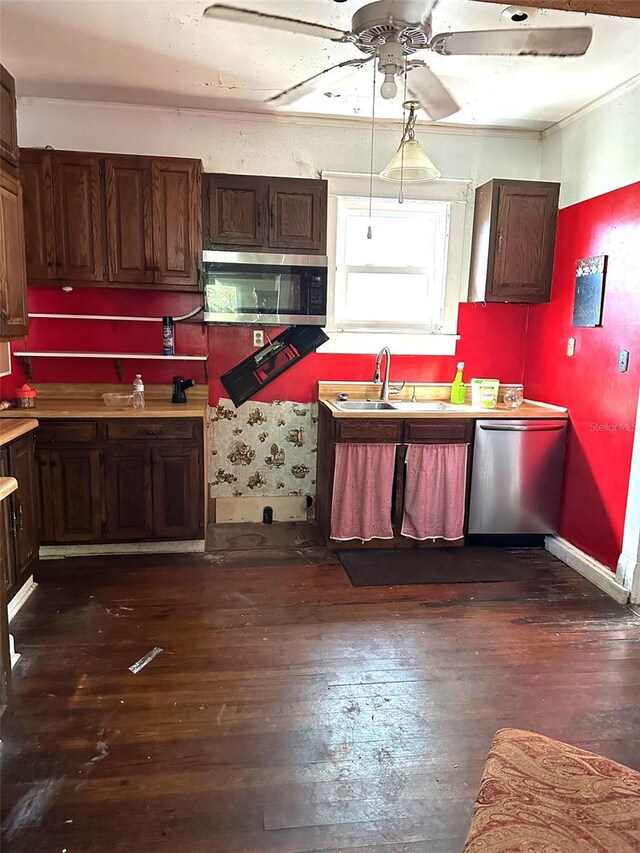 kitchen featuring ceiling fan, stainless steel appliances, sink, and dark hardwood / wood-style floors