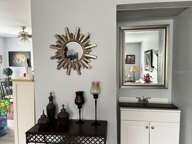 details featuring vanity, a textured ceiling, and ceiling fan