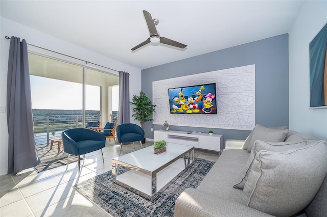 tiled living room with ceiling fan