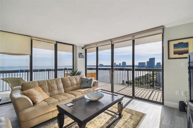 living room with a wall of windows, a textured ceiling, a water view, and wood-type flooring