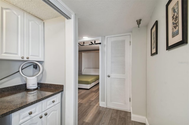 interior space with vanity, a textured ceiling, and wood-type flooring