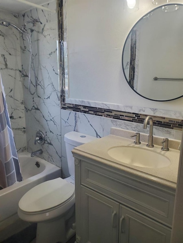 full bathroom with vanity, tile walls, shower / bath combination with curtain, backsplash, and toilet