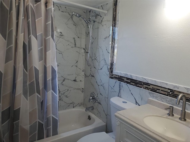 full bathroom featuring vanity, tile walls, shower / bath combination with curtain, backsplash, and toilet