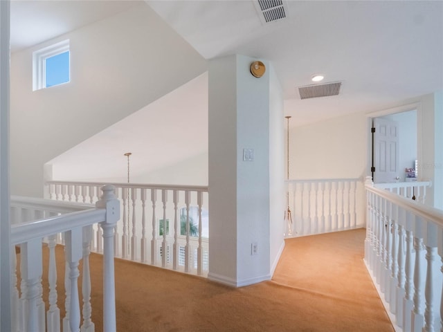 corridor featuring an inviting chandelier, vaulted ceiling, light carpet, and a healthy amount of sunlight