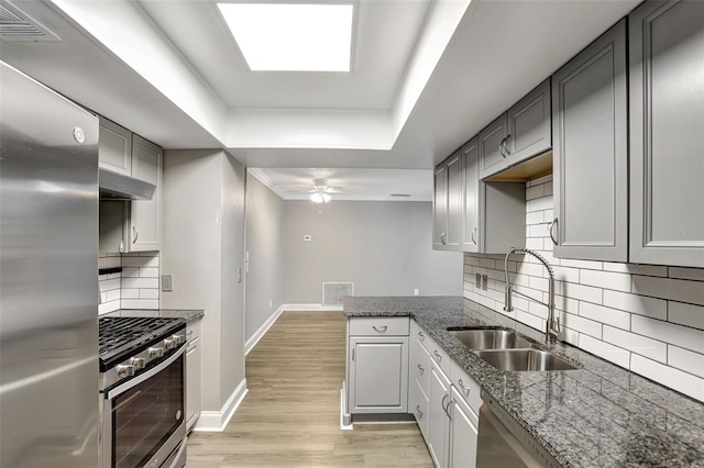 kitchen with sink, appliances with stainless steel finishes, gray cabinetry, and light wood-type flooring