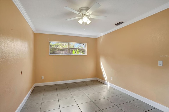 empty room with crown molding, light tile patterned flooring, and ceiling fan