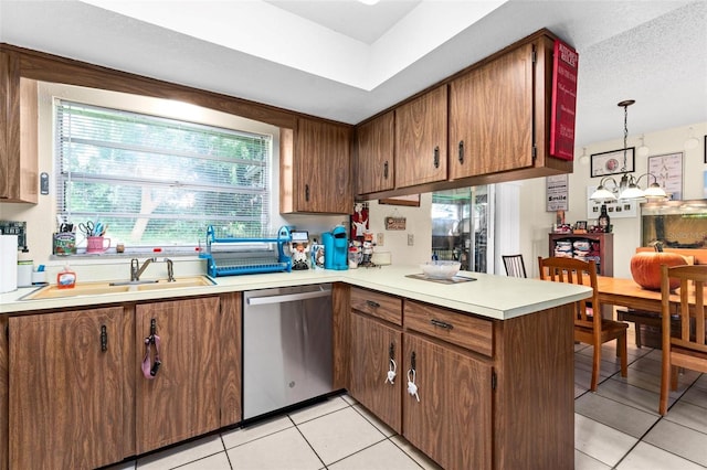 kitchen with stainless steel dishwasher, a wealth of natural light, sink, and pendant lighting