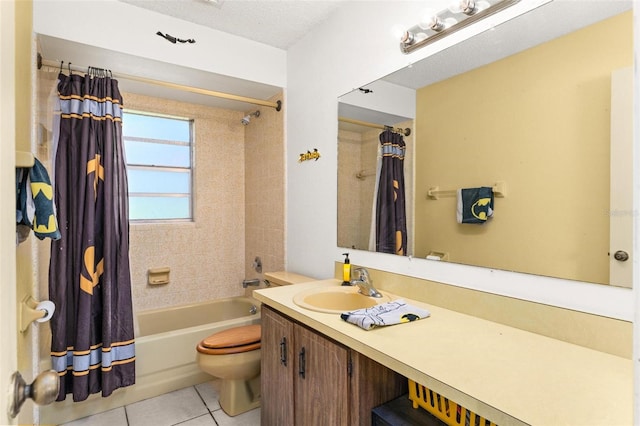 full bathroom featuring vanity, a textured ceiling, tile patterned flooring, toilet, and shower / tub combo with curtain