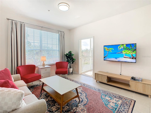 living room featuring light tile patterned flooring