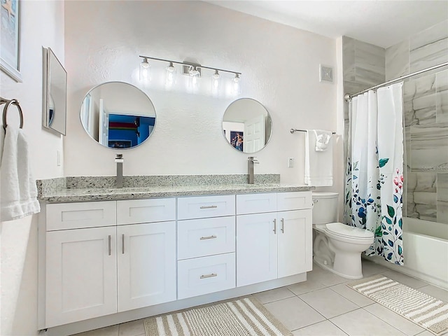 full bathroom featuring vanity, shower / bath combination with curtain, toilet, and tile patterned flooring