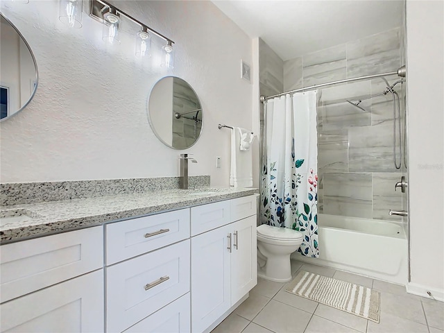 full bathroom with vanity, shower / tub combo with curtain, toilet, and tile patterned flooring