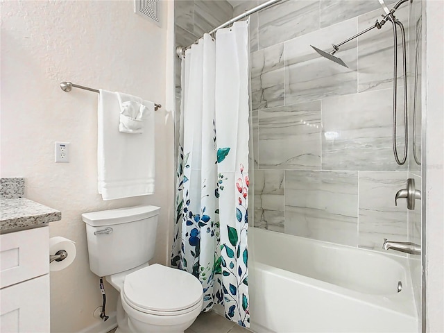 full bathroom with vanity, shower / bath combo with shower curtain, and toilet