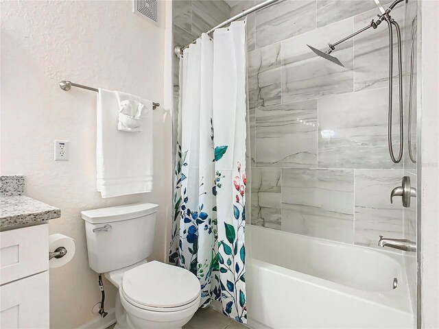 full bathroom featuring toilet, visible vents, shower / bath combo, and vanity