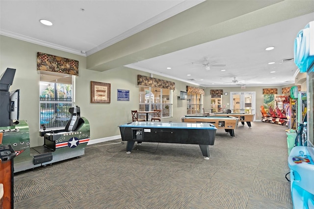 recreation room featuring pool table, ornamental molding, carpet, and ceiling fan