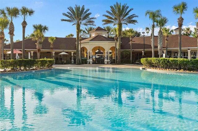 view of swimming pool with a patio area