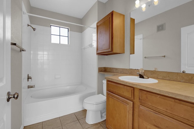 full bathroom featuring tile patterned flooring, vanity, tiled shower / bath combo, and toilet