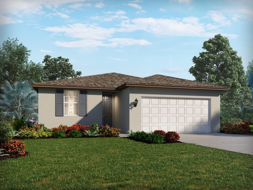 single story home featuring a garage and a front lawn