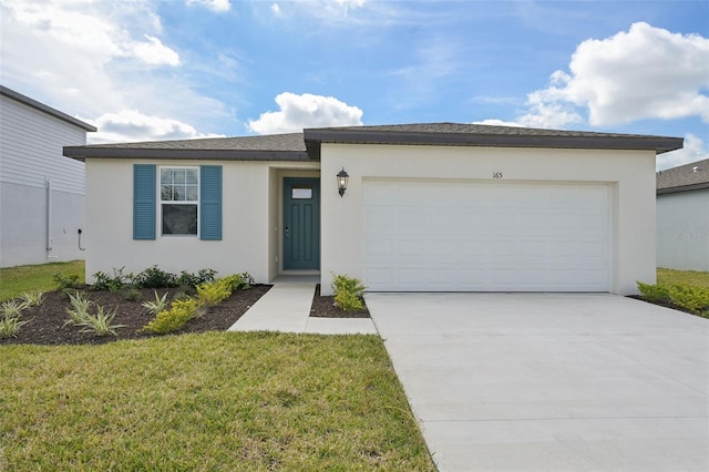 ranch-style home featuring a garage, a front lawn, concrete driveway, and stucco siding