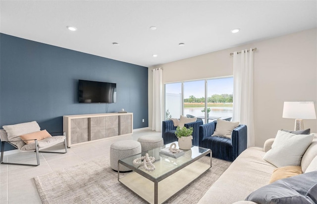 living room with light tile patterned flooring