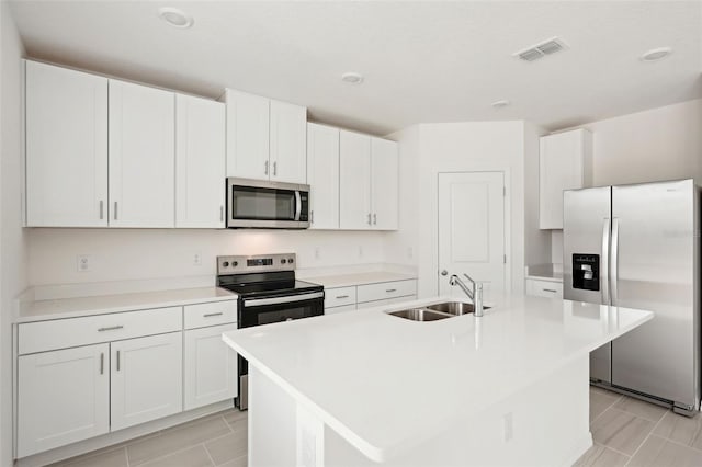 kitchen featuring white cabinetry, a center island with sink, stainless steel appliances, and sink