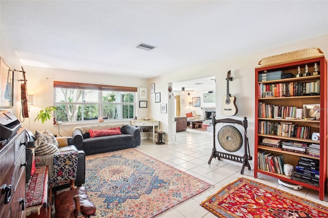 living room featuring light tile patterned floors