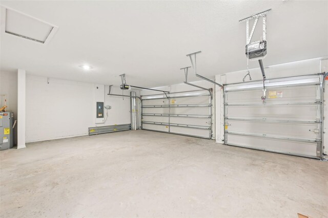 garage with electric panel, water heater, and a garage door opener