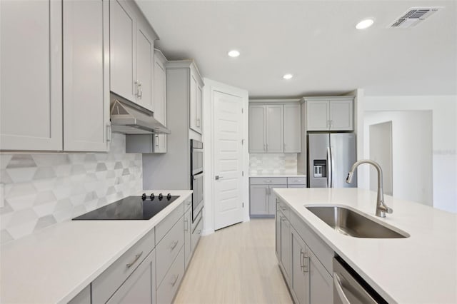 kitchen featuring backsplash, gray cabinets, sink, and appliances with stainless steel finishes