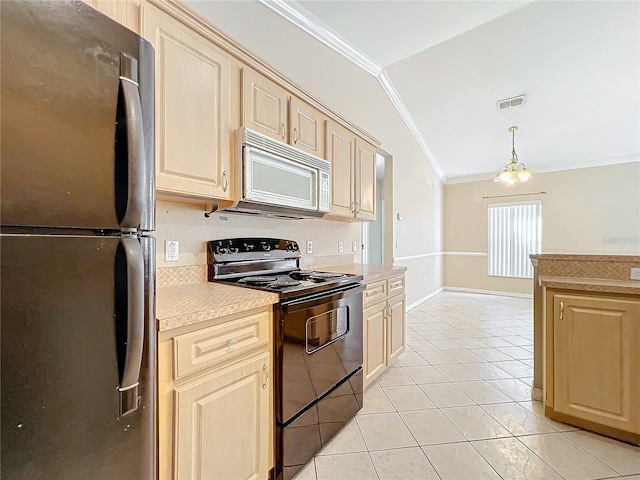 kitchen featuring black range with electric cooktop, ornamental molding, stainless steel refrigerator, hanging light fixtures, and lofted ceiling