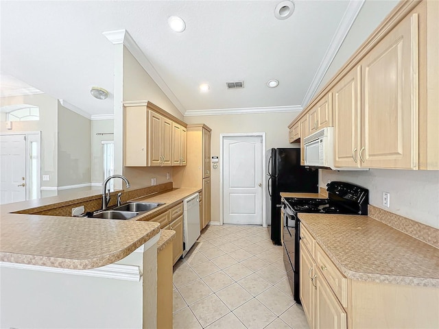 kitchen with kitchen peninsula, sink, ornamental molding, light brown cabinetry, and white appliances