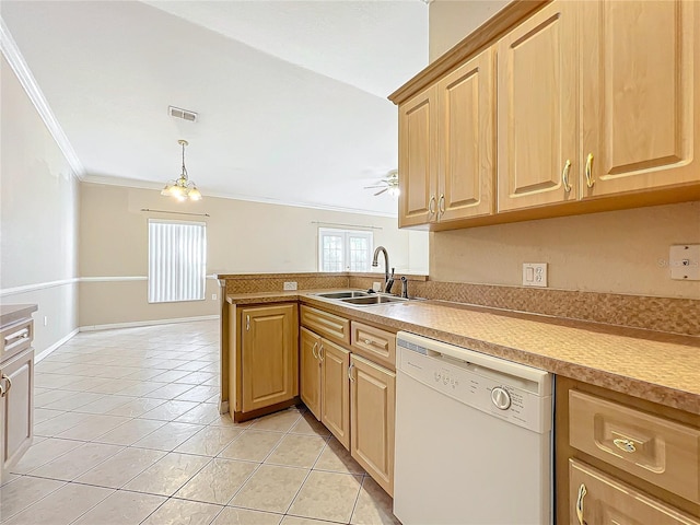 kitchen featuring dishwasher, pendant lighting, kitchen peninsula, and ornamental molding