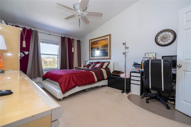 bedroom featuring carpet flooring, ceiling fan, and lofted ceiling