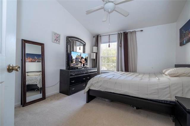 bedroom featuring light carpet, ceiling fan, and lofted ceiling