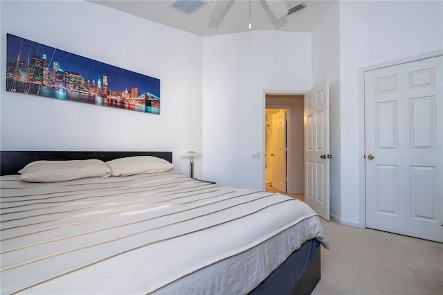 bedroom featuring carpet flooring and ceiling fan