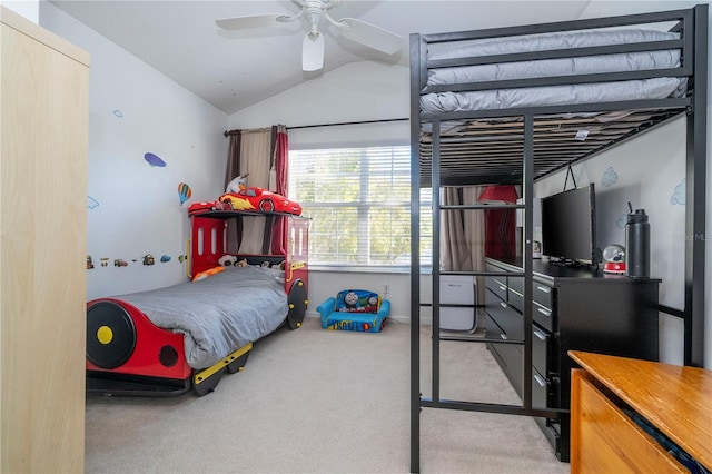 bedroom with ceiling fan, light carpet, and lofted ceiling