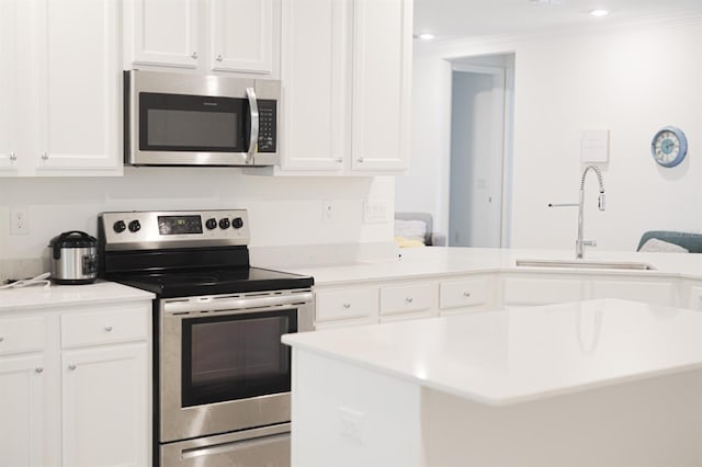 kitchen with crown molding, sink, white cabinets, and stainless steel appliances