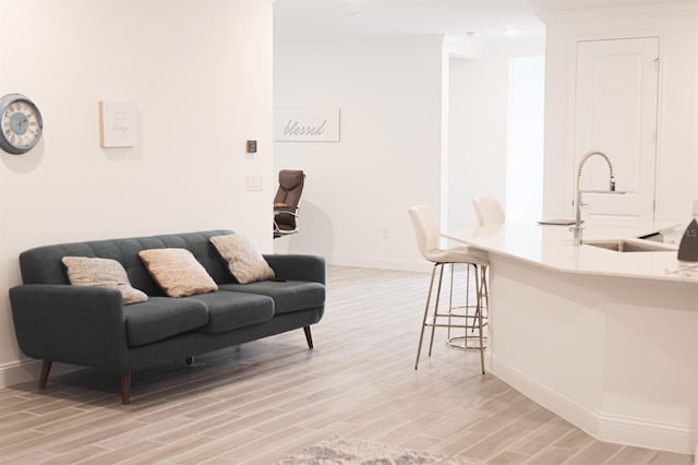 living room with light wood-type flooring, sink, and ornamental molding