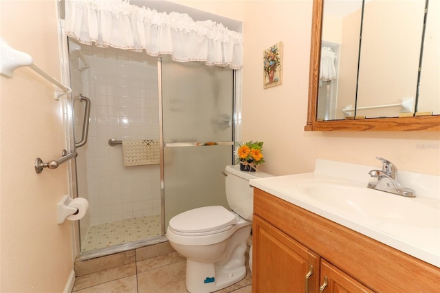 bathroom with a shower stall, toilet, tile patterned floors, and vanity