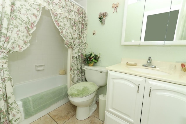 full bathroom featuring toilet, vanity, shower / bath combination with curtain, and tile patterned flooring