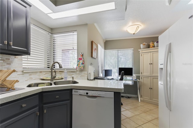 kitchen featuring kitchen peninsula, backsplash, white fridge with ice dispenser, dishwasher, and sink