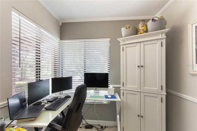 office area featuring crown molding