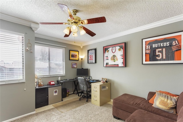 home office featuring ornamental molding, a textured ceiling, light colored carpet, and ceiling fan