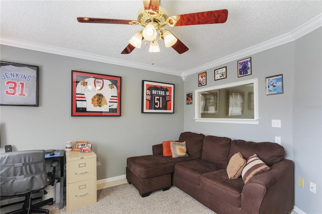 living room with ceiling fan, light carpet, a textured ceiling, and ornamental molding