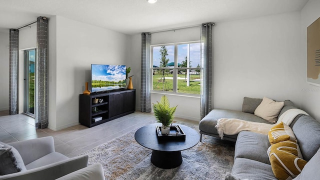 living room with light tile patterned flooring