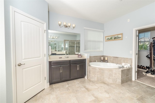 bathroom featuring vanity and plus walk in shower