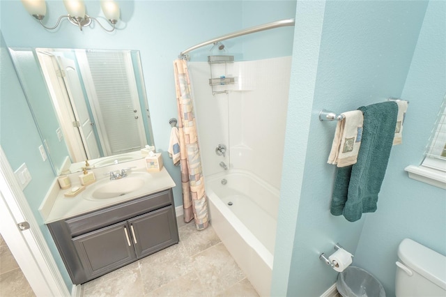 full bathroom featuring vanity, shower / bath combo, and toilet