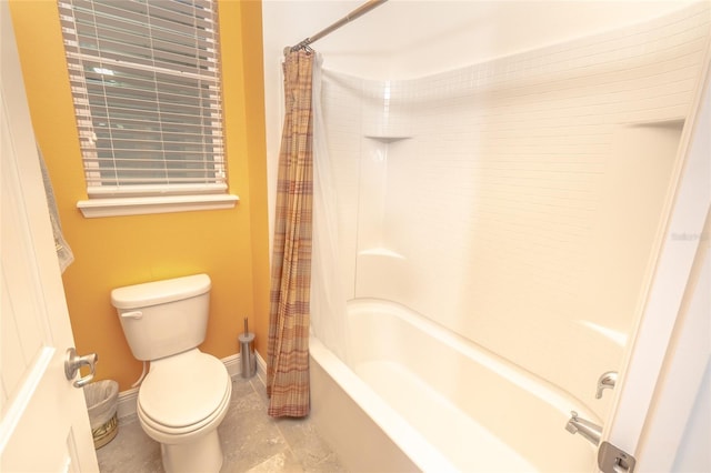 bathroom with toilet and shower / bathtub combination with curtain