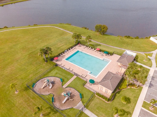 drone / aerial view with a water view