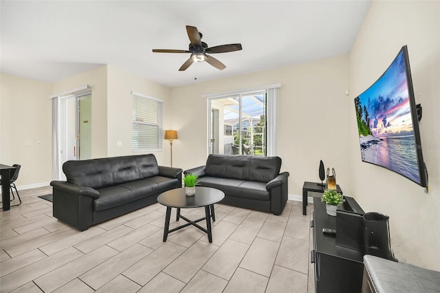 living room with ceiling fan