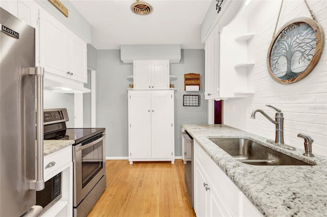 kitchen with white cabinets, light wood-type flooring, stainless steel appliances, and sink